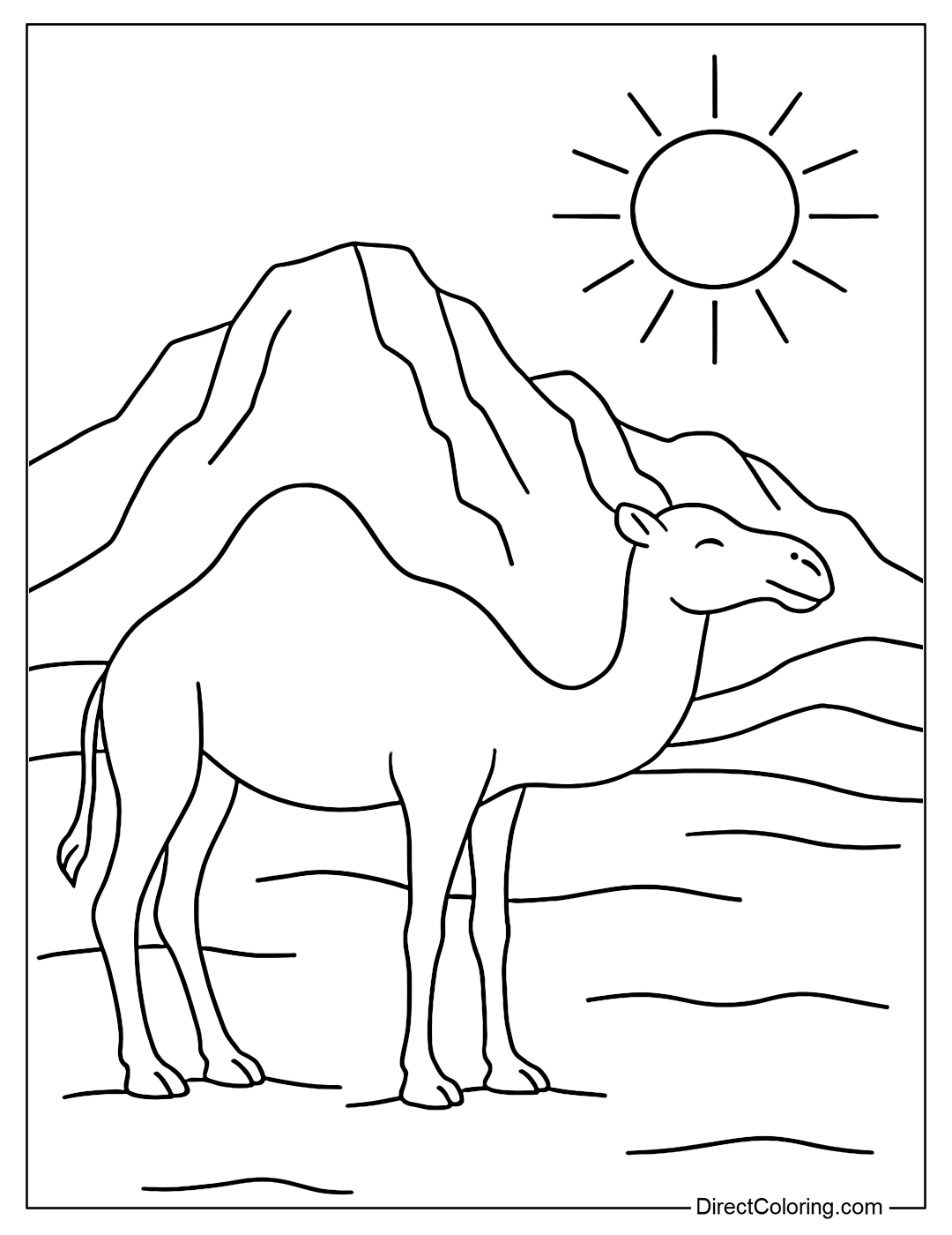 Coloring page of a camel standing in the middle of the desert, with rocks and the sun in the background.